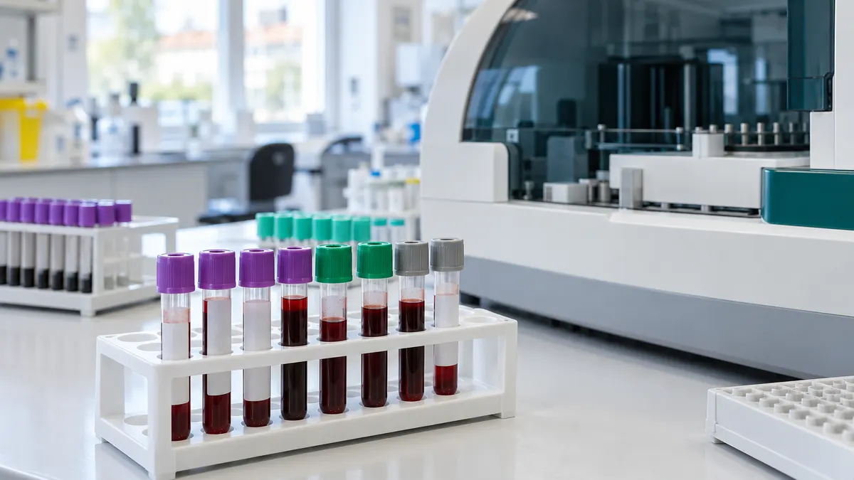 Probówki z próbkami krwi w statywie laboratoryjnym obok analizatora biochemicznego, jasne wnętrze laboratorium