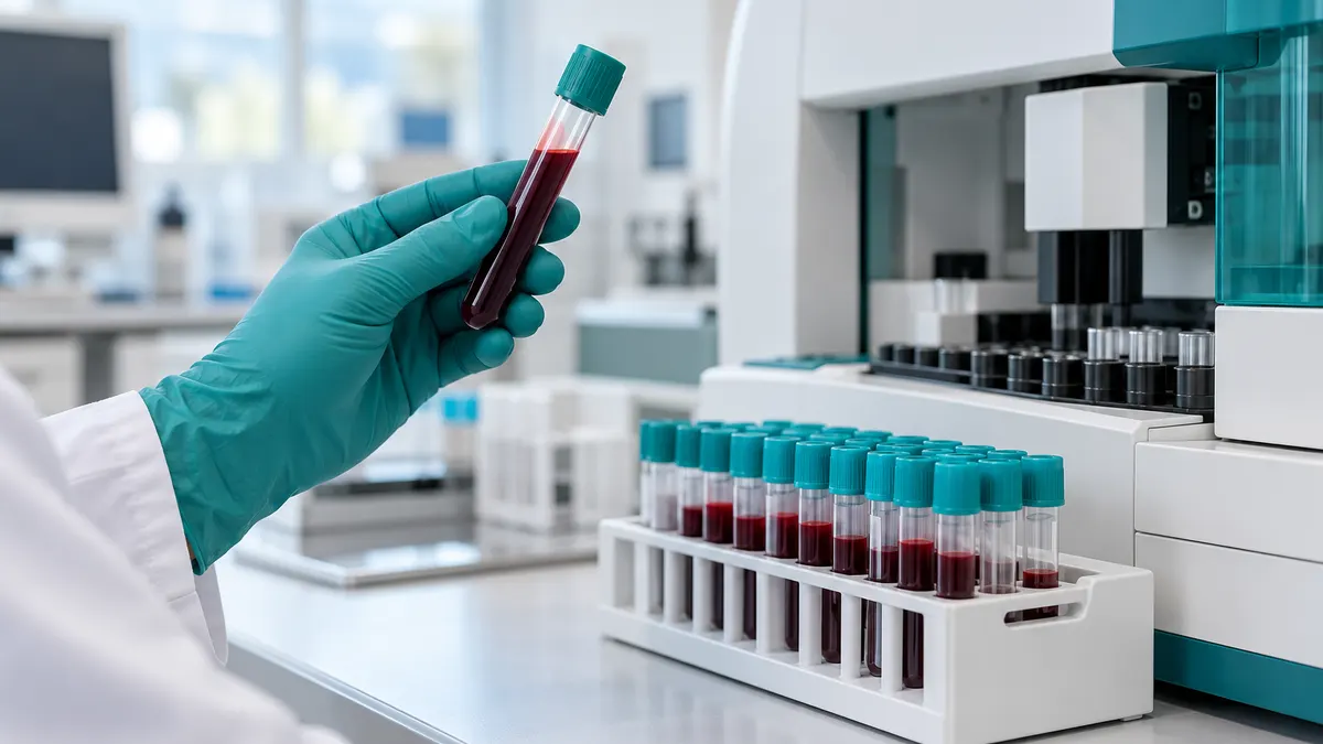 Probówki z krwią w statywie laboratoryjnym na jasnym blacie, obok stetoskop i model tarczycy