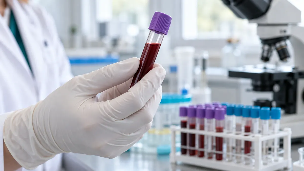 Probówka z krwią trzymana w dłoni w rękawiczce laboratoryjnej, w tle statyw z probówkami i mikroskop