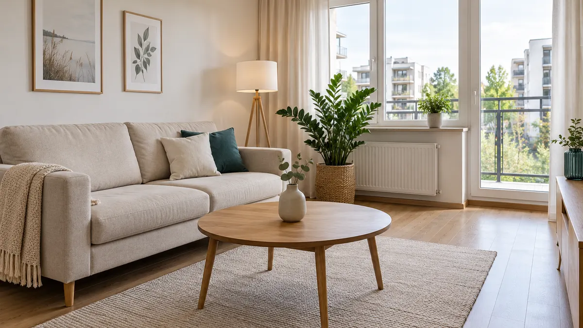 Jasny salon w mieszkaniu przygotowanym do sprzedaży: jasna sofa, kilka poduszek, roślina w donicy, pusty stolik z wazonem, dużo światła dziennego
