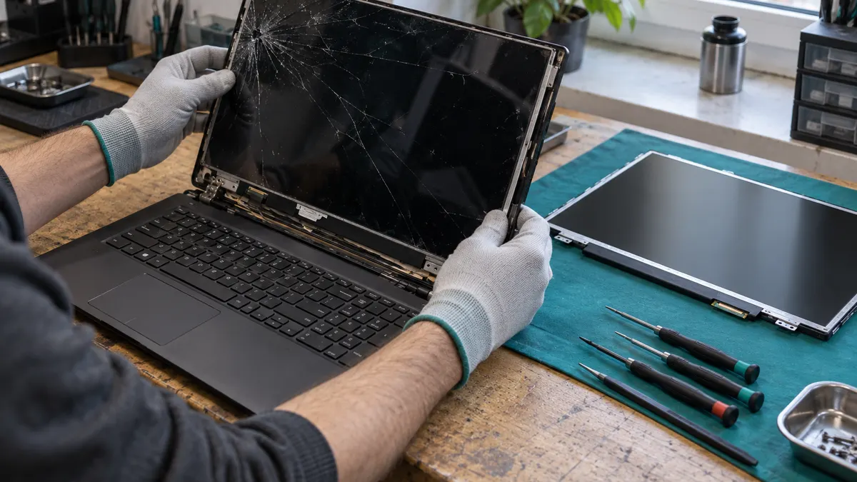 Serwisant w rękawiczkach antystatycznych wyjmuje pękniętą matrycę z otwartego laptopa na stole warsztatowym, obok leży nowa matryca i śrubokręty precyzyjne