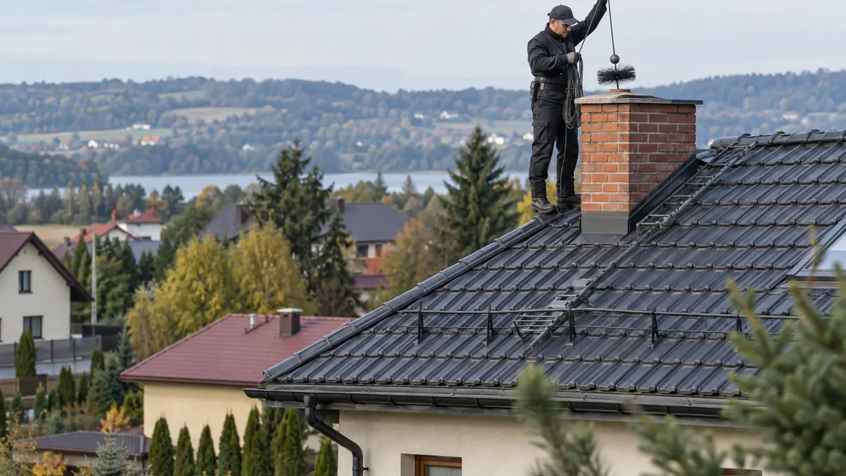 Kominiarz w czarnym stroju z kulą i szczotką na linie przy ceglanym kominie na dachu domu jednorodzinnego