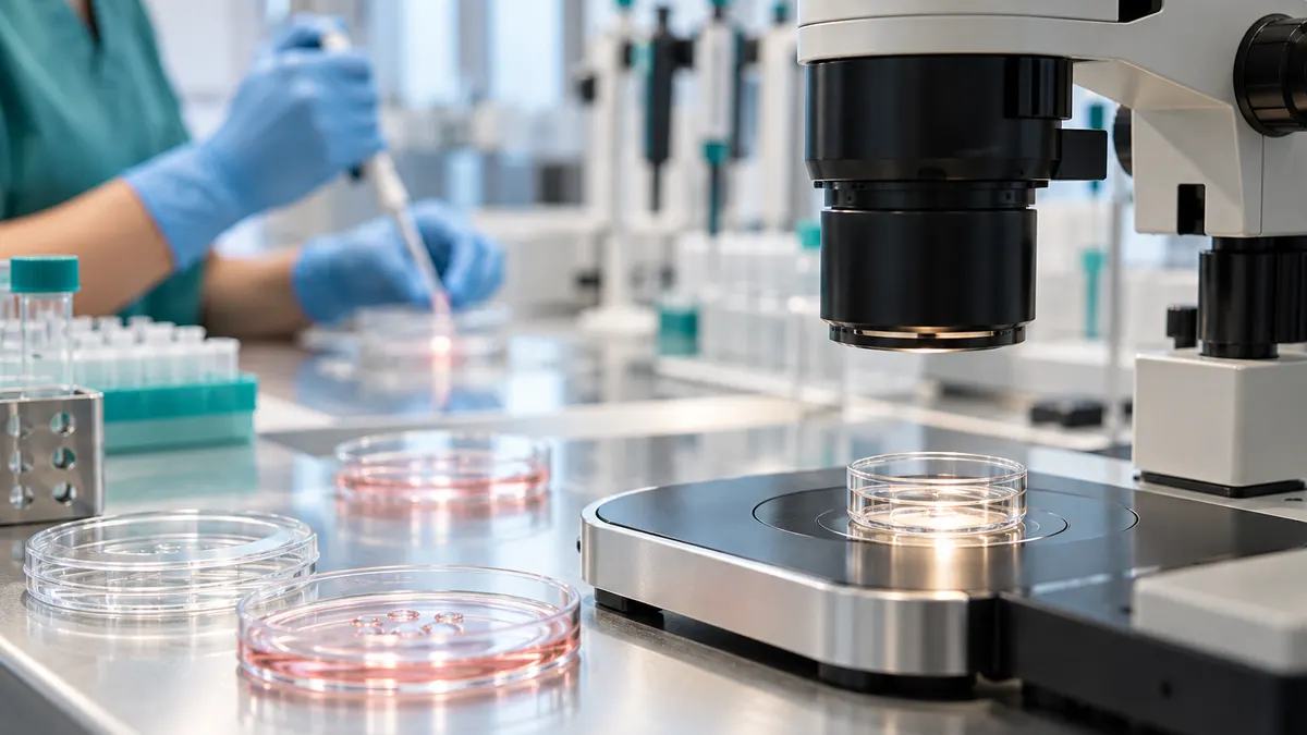 Jasne laboratorium embriologiczne: szalki Petriego i mikroskop, w tle dłonie w rękawiczkach