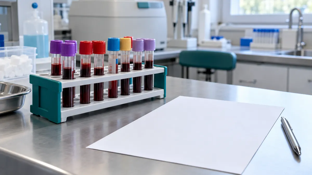 Probówki z próbkami krwi w statywie w jasnym laboratorium diagnostycznym, obok skierowanie bez widocznego tekstu