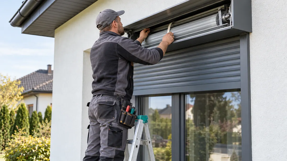 Serwisant na drabinie otwiera skrzynkę aluminiowej rolety zewnętrznej nad oknem domu jednorodzinnego