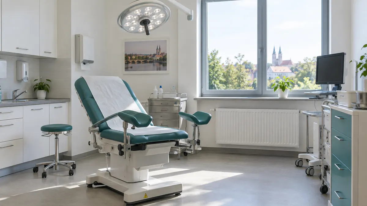 Jasny, pusty gabinet zabiegowy kliniki urologicznej z fotelem i lampą operacyjną, spokojne, neutralne ujęcie bez ludzi