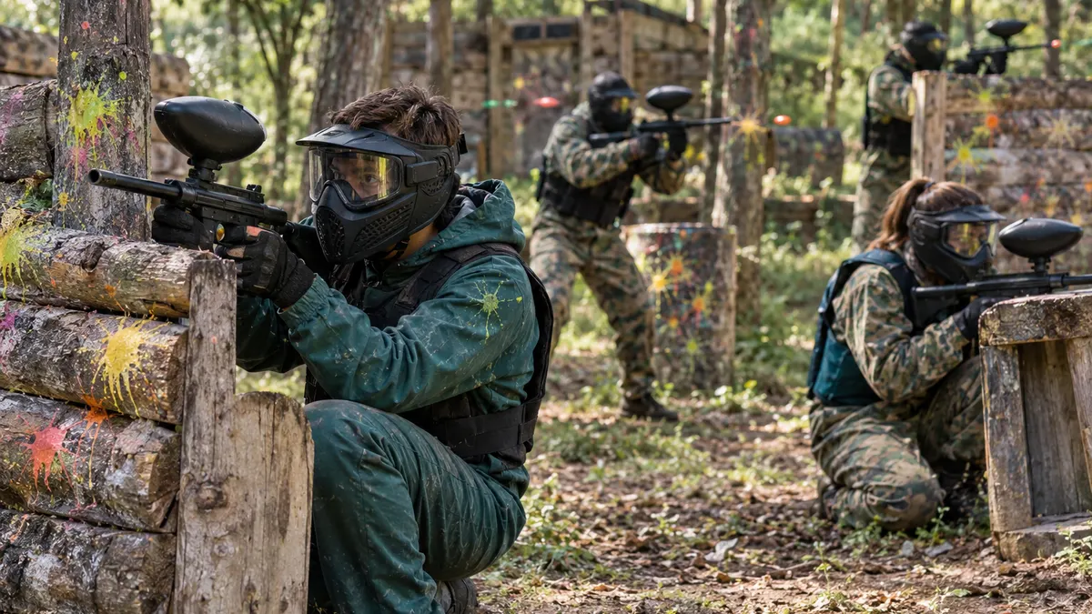 Gracze paintballa w maskach i kombinezonach za drewnianymi przeszkodami na leśnym polu, w powietrzu kolorowe kulki farby
