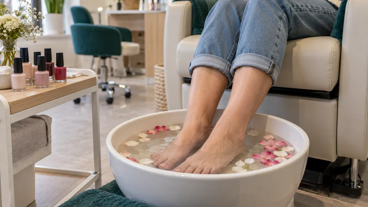 Stopy w misce z wodą i płatkami kwiatów na fotelu do pedicure w jasnym salonie kosmetycznym, obok buteleczki lakierów