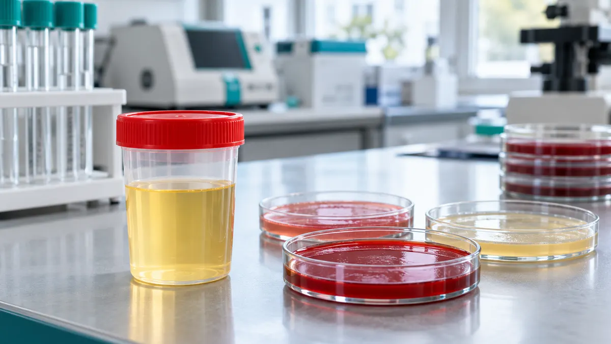 Jałowy pojemnik na mocz i szalki Petriego z podłożem w jasnym laboratorium diagnostycznym