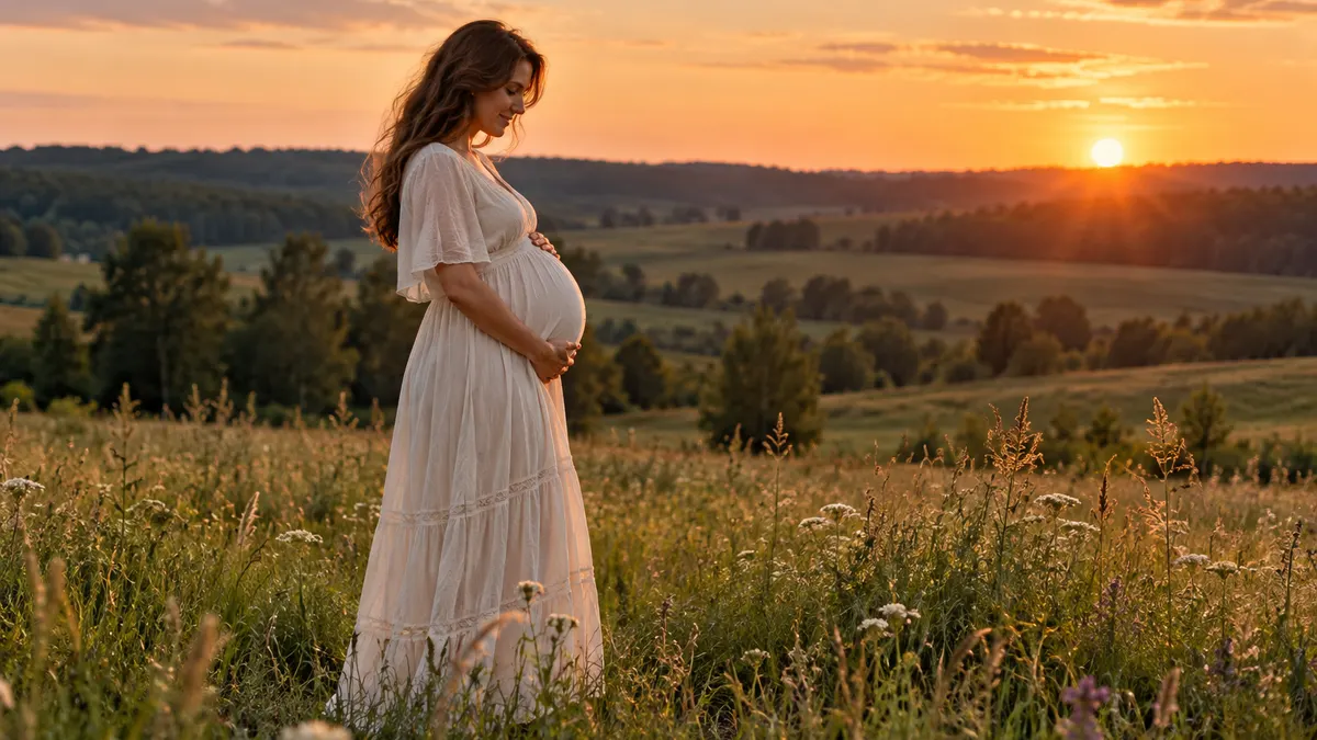 Kobieta w zaawansowanej ciąży w jasnej sukience na łące o zachodzie słońca, dłonie na brzuchu, ujęcie z profilu