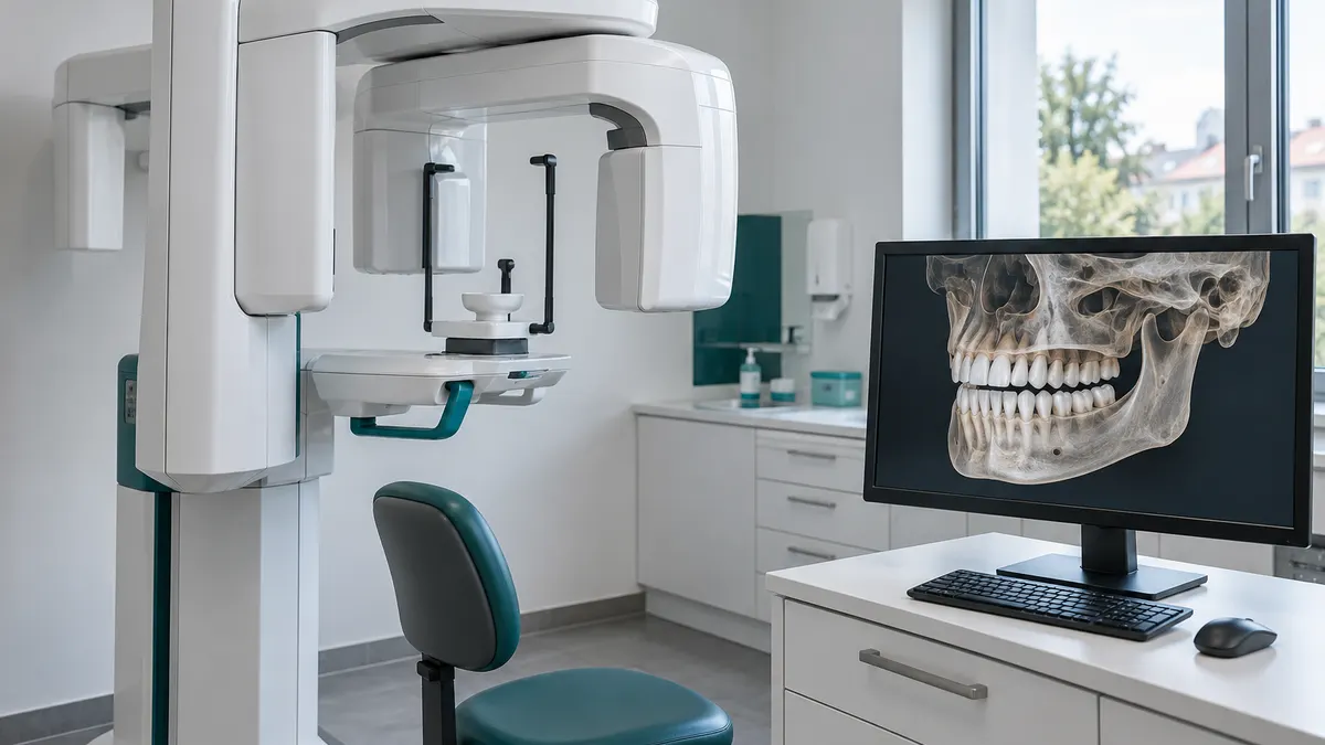 Aparat do tomografii stomatologicznej CBCT w jasnej pracowni, obok monitor z trójwymiarowym obrazem szczęki i zębów