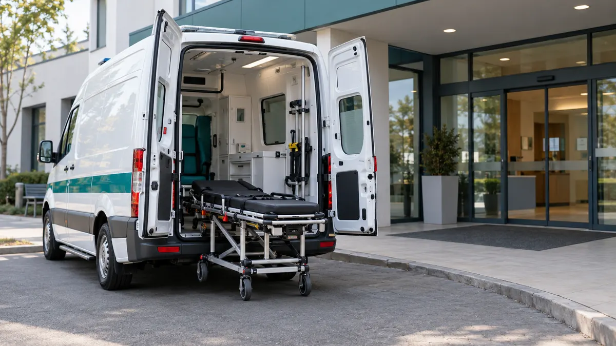 Biały ambulans transportu sanitarnego z otwartymi tylnymi drzwiami i noszami przed wejściem do przychodni