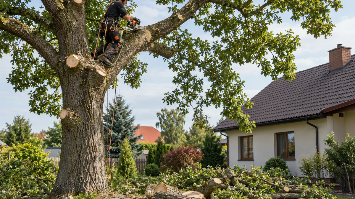 Arborysta w kasku i uprzęży tnie piłą gałęzie wysokiego drzewa obok domu jednorodzinnego, pod drzewem leżą pocięte kłody
