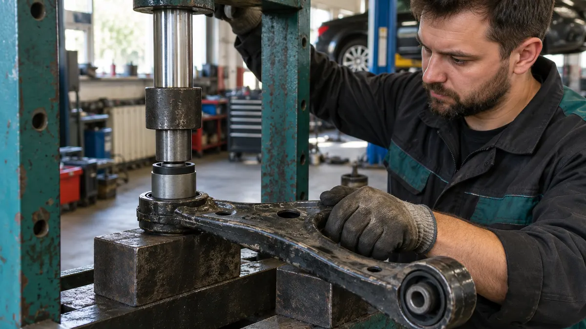 Mechanik wciska nową gumowo‑metalową tuleję w stalowy wahacz na prasie hydraulicznej w warsztacie