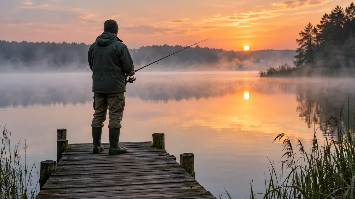 Wędkarz z wędką na pomoście nad spokojnym jeziorem o poranku, mgła nad wodą