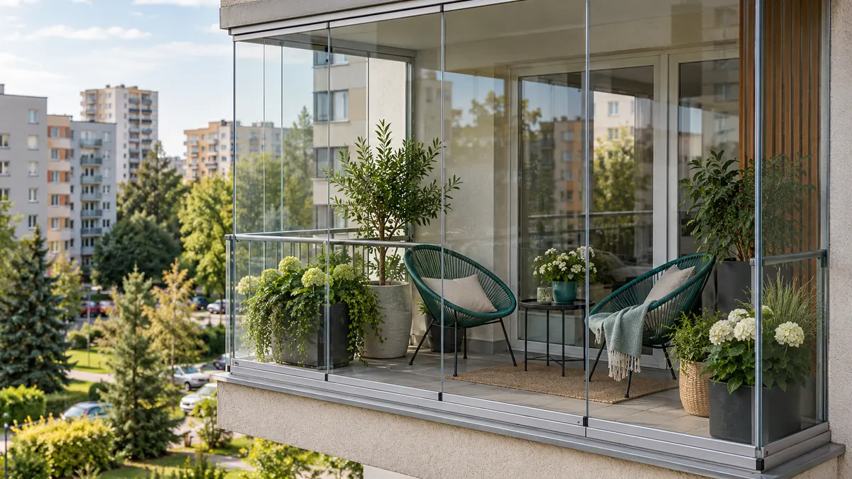 Balkon w bloku mieszkalnym zabudowany przesuwnymi taflami szkła, w środku dwa krzesła i rośliny w donicach, dzienne światło