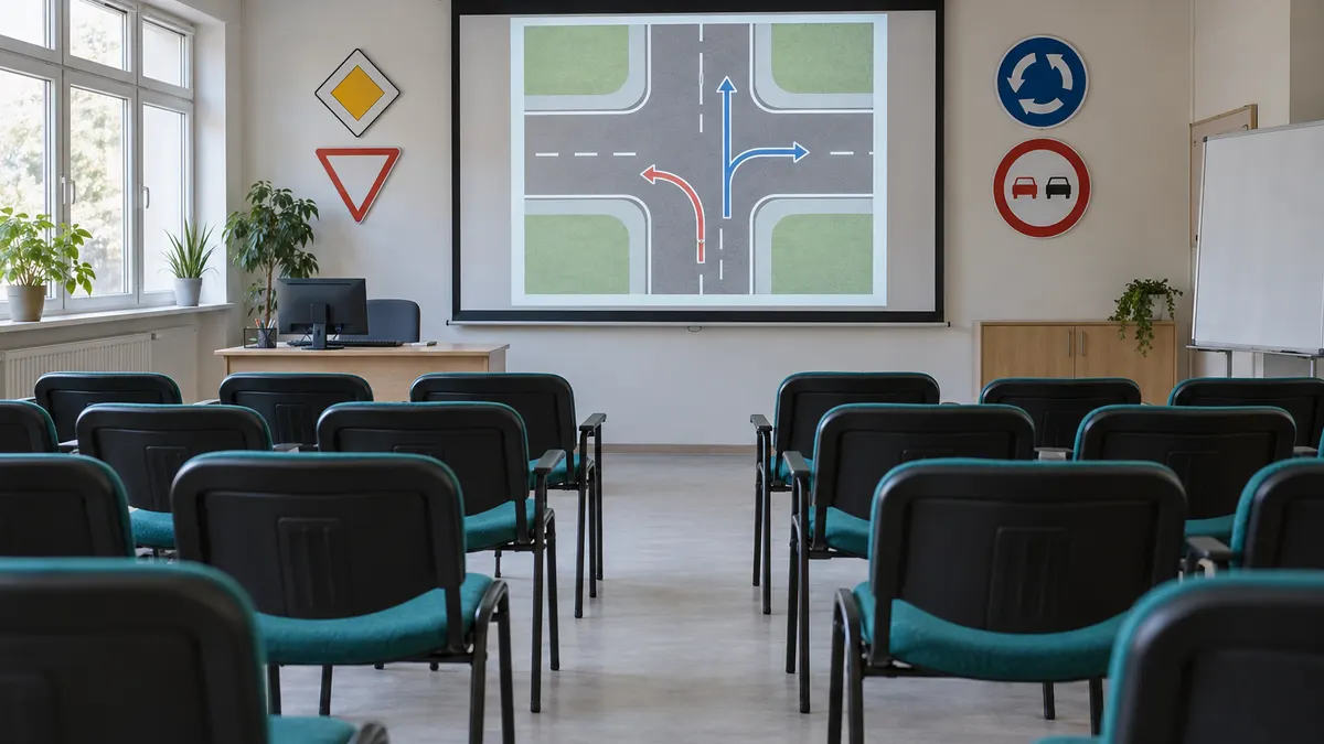 Sala szkoleniowa w ośrodku ruchu drogowego z rzędami krzeseł, ekranem ze schematem skrzyżowania i znakami drogowymi na ścianie